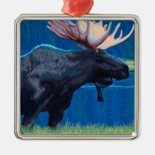 Moose at Night - Yellowstone National Park Metal Tree Decoration