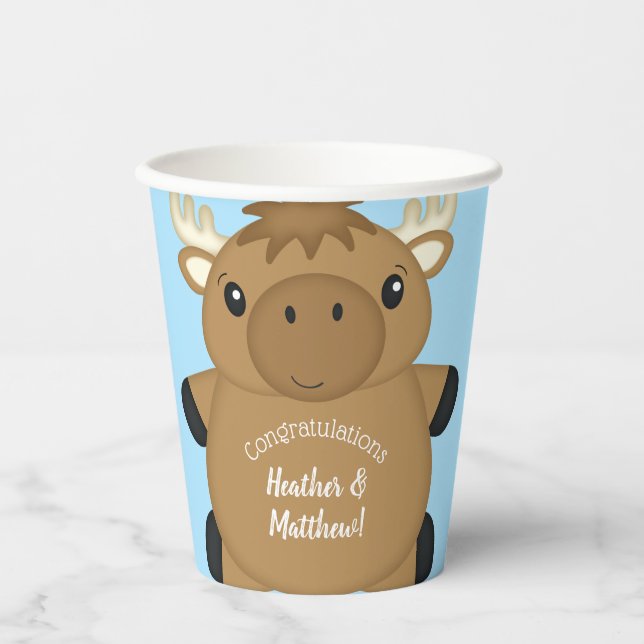 Moose Baby Shower Blue Boy Paper Cups (Front)
