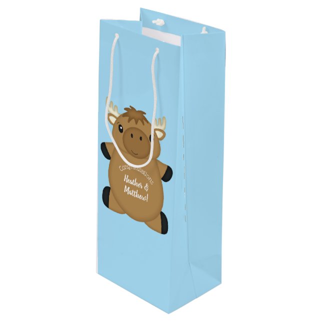 Moose Baby Shower Blue Boy Wine Gift Bag (Front Angled)