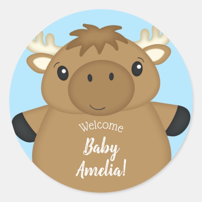 Moose Baby Shower Blue Classic Round Sticker (Front)