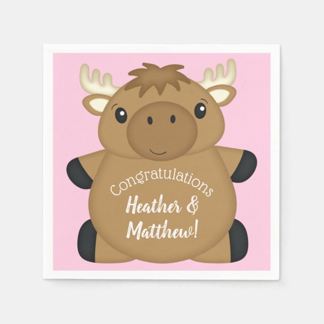 Moose Baby Shower Pink Napkin (Front)
