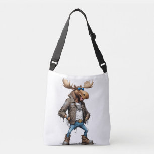 Moose Biker Rebel in Leather Jacket Cool Style Art Crossbody Bag