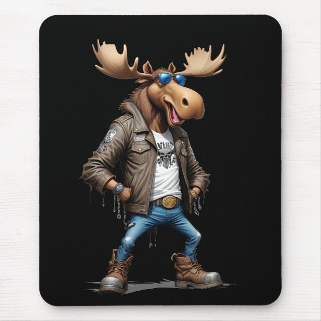 Moose Biker Rebel in Leather Jacket Cool Style Art Mouse Mat (Front)