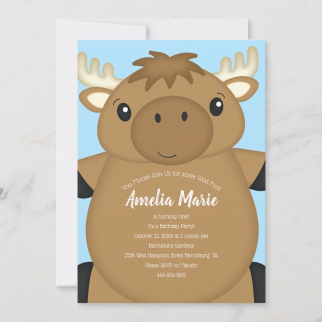Moose Birthday Party Blue Invitation (Front)
