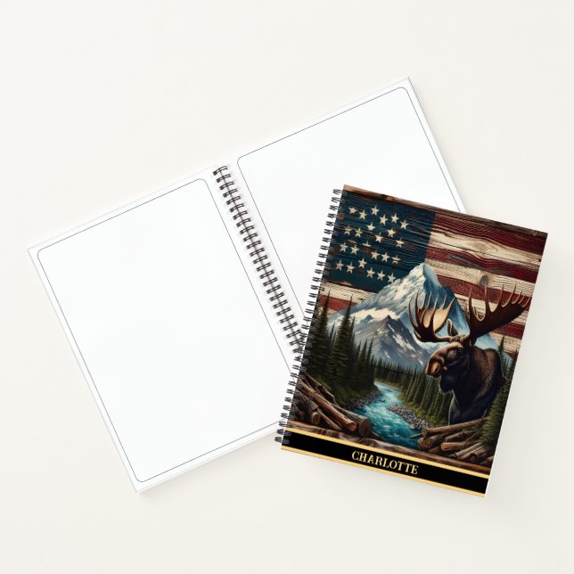 Moose by a river in a patriotic scene notebook (Inside)
