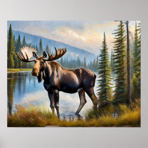 Moose by Lake 2 Poster