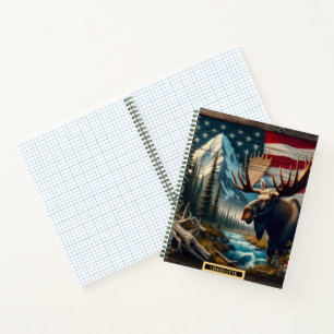 Moose by mountain stream with flag notebook