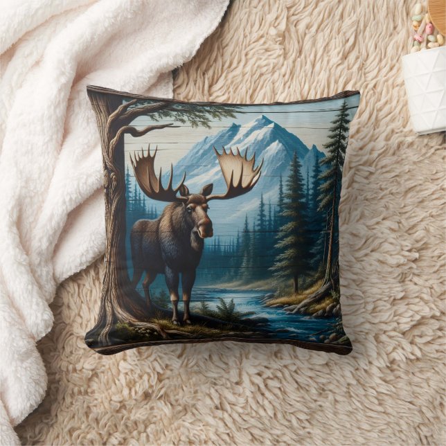 Moose by River With Mountains Behind Cushion (Blanket)