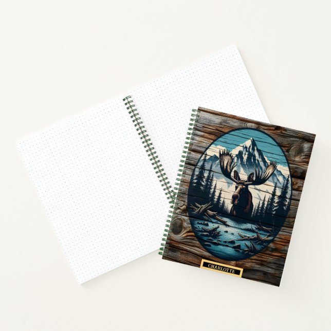 Moose by tranquil mountain lake notebook (Inside)