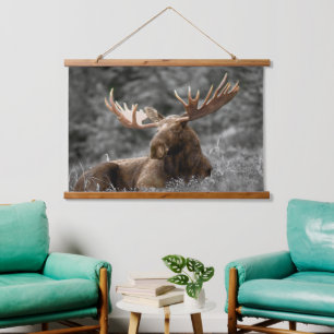 Moose Cabin art Black White  Hanging Tapestry