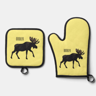 Moose cartoon illustration oven mitt & pot holder set