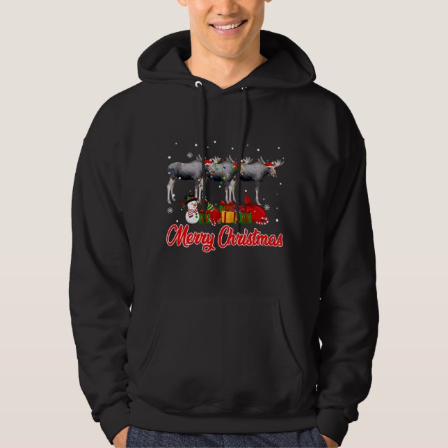 Moose Christmas Pajama Funny Xmas Lights Animals L Hoodie (Front)