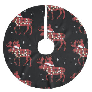 Moose Christmas Red Plaid Buffalo Xmas Santa Hat Brushed Polyester Tree Skirt