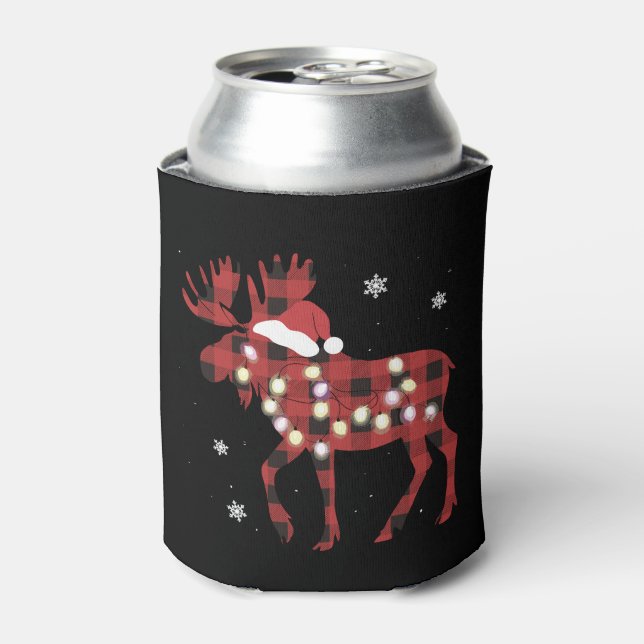 Moose Christmas Red Plaid Buffalo Xmas Santa Hat Can Cooler (Can Front)