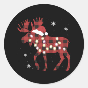Moose Christmas Red Plaid Buffalo Xmas Santa Hat Classic Round Sticker