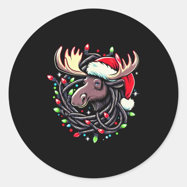Moose Christmas Santa Hat Lights Moose For Kids Wo Classic Round Sticker (Front)