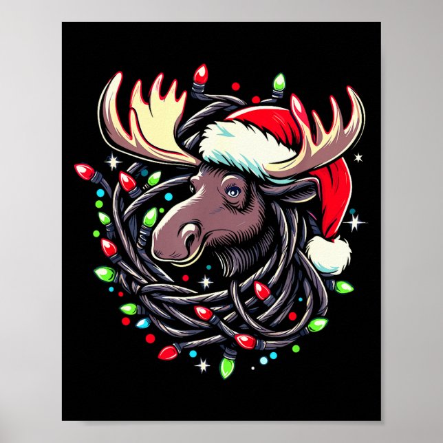 Moose Christmas Santa Hat Lights Moose For Kids Wo Poster (Front)
