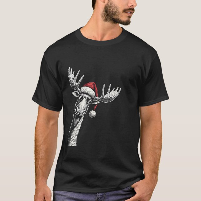Moose Christmas Santa Hat Pajama Funny Moose Xmas T-Shirt (Front)