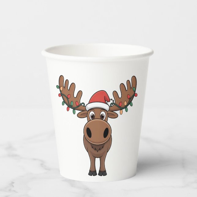 Moose Christmas Tree Lights Funny Xmas Moose Lover Paper Cups (Front)