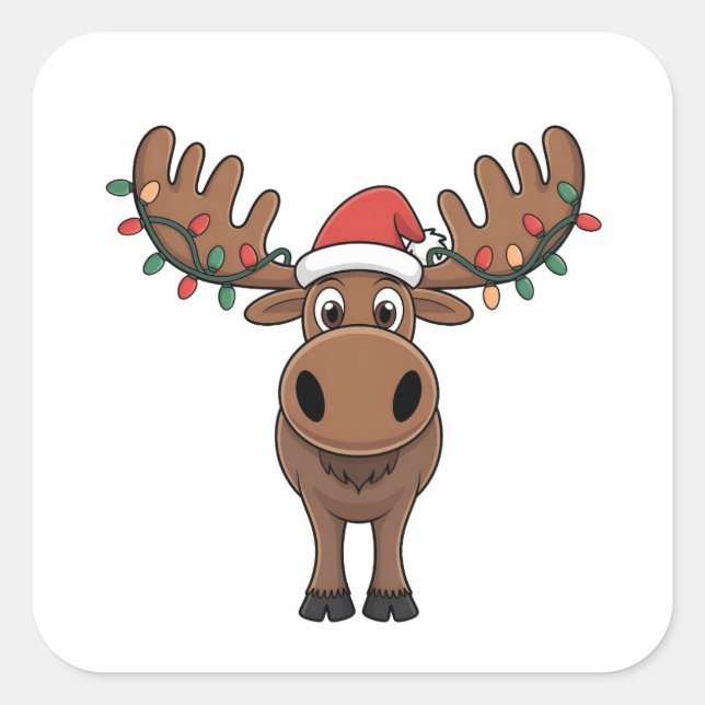 Moose Christmas Tree Lights Funny Xmas Moose Lover Square Sticker (Front)