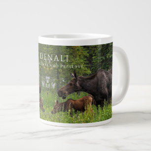 Moose Cow and Calves Grazing, Denali National Park Large Coffee Mug