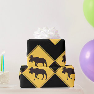Moose Crossing Road Sign Wildlife Safety Wrapping Paper