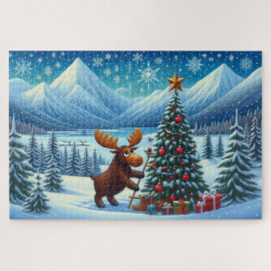 Moose decorating a christmas tree in the mountains jigsaw puzzle