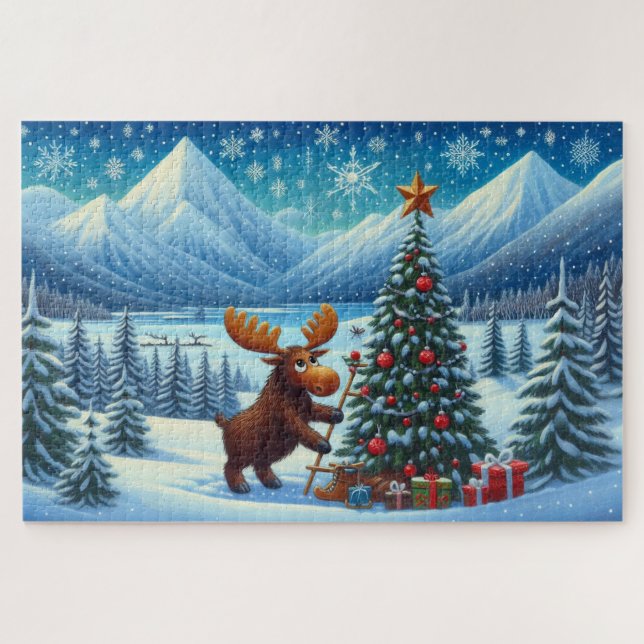 Moose decorating a christmas tree in the mountains jigsaw puzzle (Horizontal)