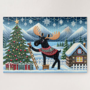 Moose decorating a christmas tree with mountains jigsaw puzzle