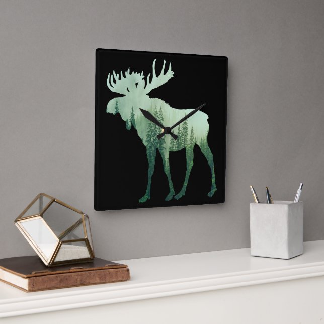 Moose Deer And Forest Nature Square Wall Clock (Office)
