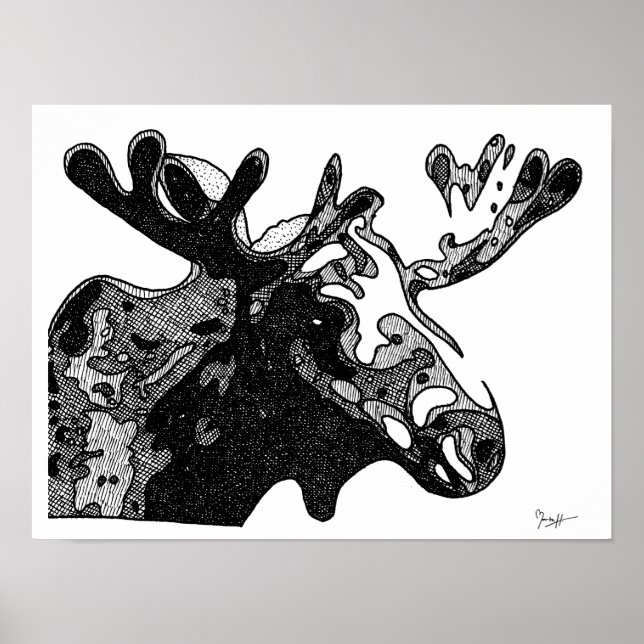 Moose Drawing in Black and White Poster (Front)