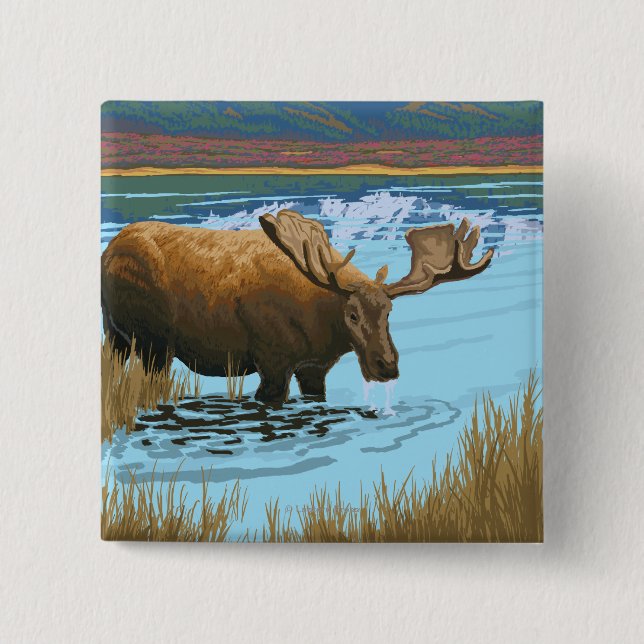 Moose Drinking at Lake - Glacier National Park, 15 Cm Square Badge (Front)