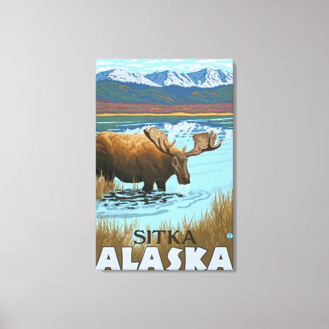 Moose Drinking at Lake - Sitka, Alaska Canvas Print (Front)