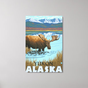 Moose Drinking at Lake - Yukon, Alaska Canvas Print