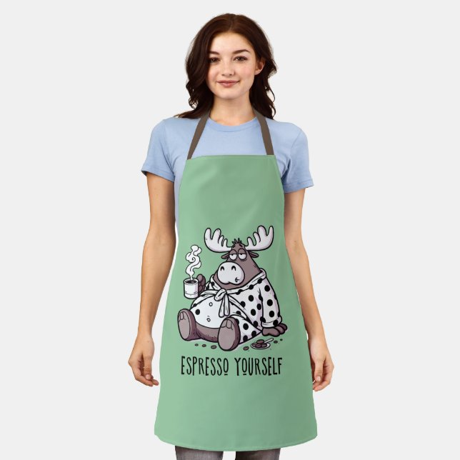 Moose Drinking Coffee in a Polka Dot Robe Apron (Worn)