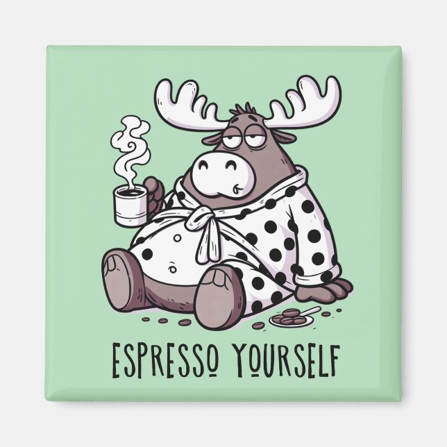 Moose Drinking Coffee in a Polka Dot Robe Magnet (Front)