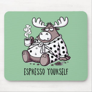 Moose Drinking Coffee in a Polka Dot Robe Mouse Mat
