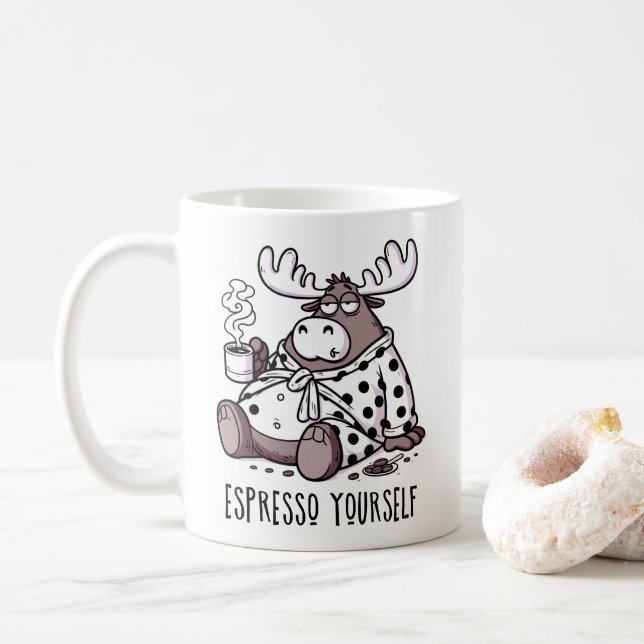 Moose Drinking Coffee in a Polka Dot Robe Mug (With Donut)
