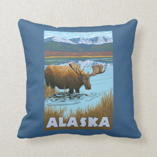 Moose Drinking Water Vintage Travel Poster Cushion