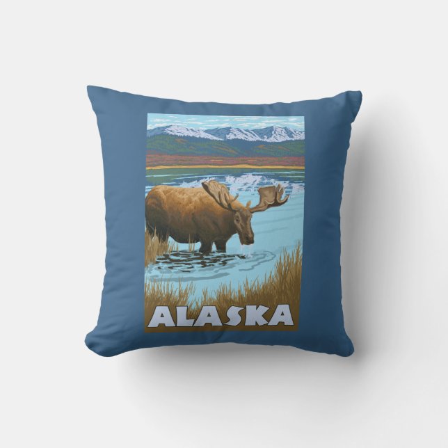 Moose Drinking Water Vintage Travel Poster Cushion (Front)