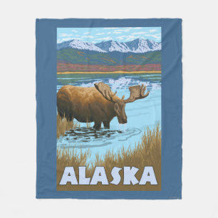 Moose Drinking Water Vintage Travel Poster Fleece Blanket
