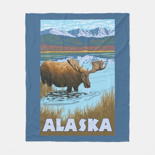 Moose Drinking Water Vintage Travel Poster Fleece Blanket (Front)
