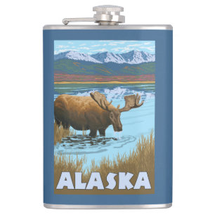 Moose Drinking Water Vintage Travel Poster Hip Flask