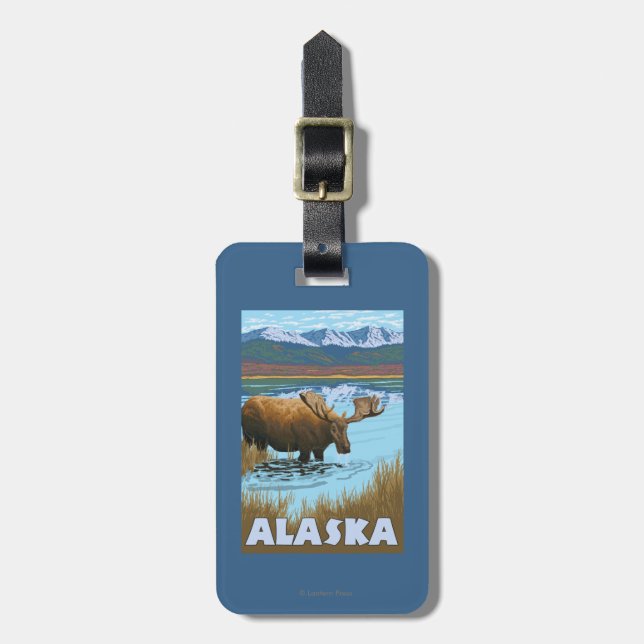 Moose Drinking Water Vintage Travel Poster Luggage Tag (Front Vertical)