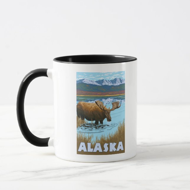 Moose Drinking Water Vintage Travel Poster Mug (Left)