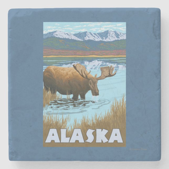Moose Drinking Water Vintage Travel Poster Stone Coaster (Front)