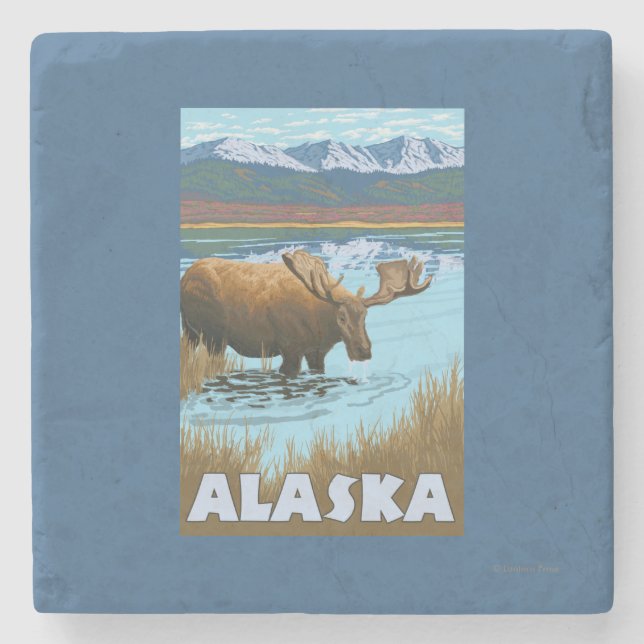 Moose Drinking Water Vintage Travel Poster Stone Coaster (Front)