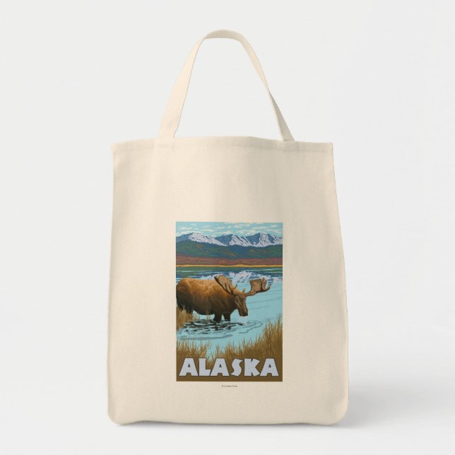Moose Drinking Water Vintage Travel Poster Tote Bag (Front)