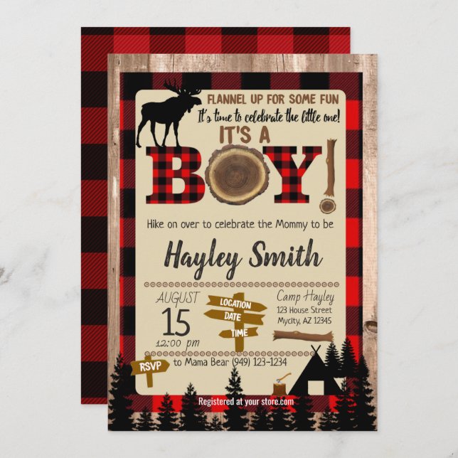 Moose Flannel up Lumberjack Plaid Baby Shower Invitation (Front/Back)