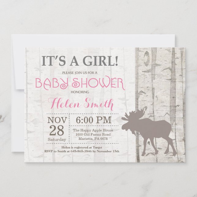 Moose Girl Baby Shower Invitation Rustic Woodland (Front)